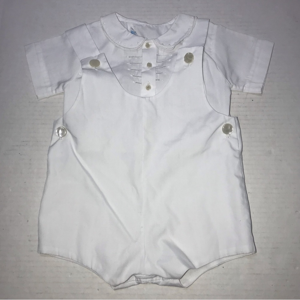 Feltman Brothers 2 Pc All White SHORTALLS Romper John John Suit Sz 3 Mo Measured